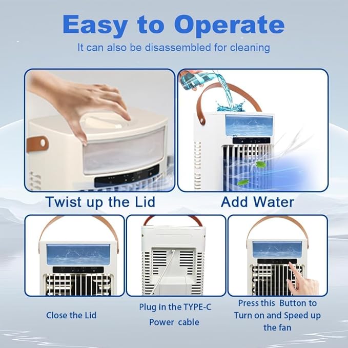 Portable Air Conditioners, air cooler, 1000ML Cooling fan Air Conditioner, 5 Wind Speed & 7 LED Light, 3 Cool Mist& 2/4/6 Timer, USB Cooling Fan for home office outdoor