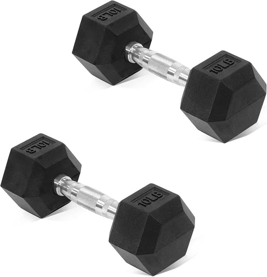 Rubber Encased Hex Dumbbell, Hand Weights with Anti-Slip Cast Iron Grip for Exercise & Fitness, Weights Dumbbells Set of 2 for Strength Training, 5-50 LBS Pair-FlexoryFit