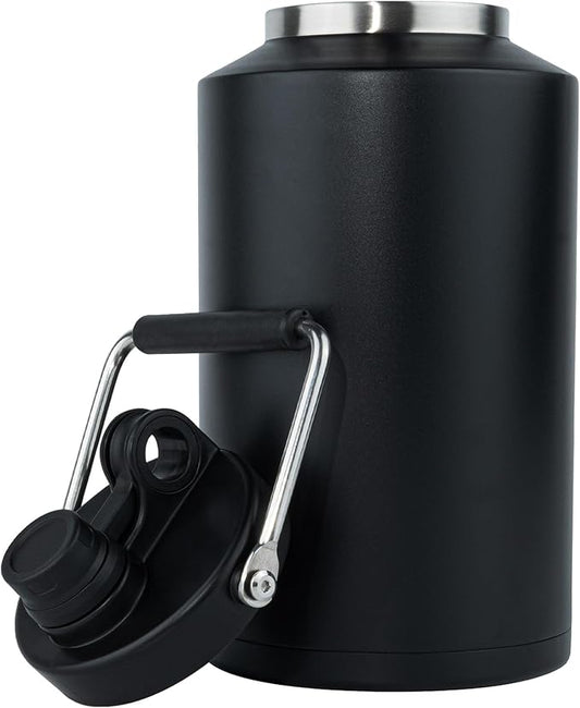 Kerilyn Insulated Jug with Handle, One Gallon, 128oz Stainless Steel, Large Double Vacuum Water Bottle for Hot & Cold Drinks, Wide Mouth, Sweat Proof, Great for Travel, Hiking & Camping, Black-FlexoryFit