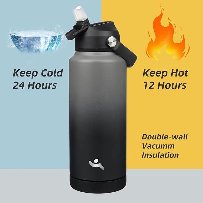Insulated Water Bottle with Straw Lid,32 oz Stainless Steel Vacuum Metal Bottle with Silicone Handle,Gray Black-FlexoryFit