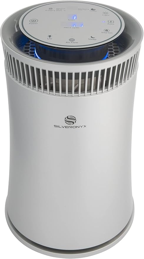 Air Purifier for Home Large Room – Covers Up to 500 Sq Ft, 5-in-1 HEPA Filter System for Allergies, Pets, Smoke, Remove Dust & Odor – Quiet Sleep Mode, High Filtration Efficiency – SILVERONYX, Silver