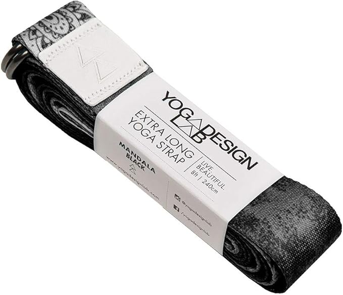 YOGA DESIGN LAB | The Yoga Strap | Luxurious, Extra Long, Super Soft, Eco Printed | Studio Quality, Adjustable | Safely Stretch Further and Hold Longer | 8 ft Long (Mandala Black, 8ft)-FlexoryFit