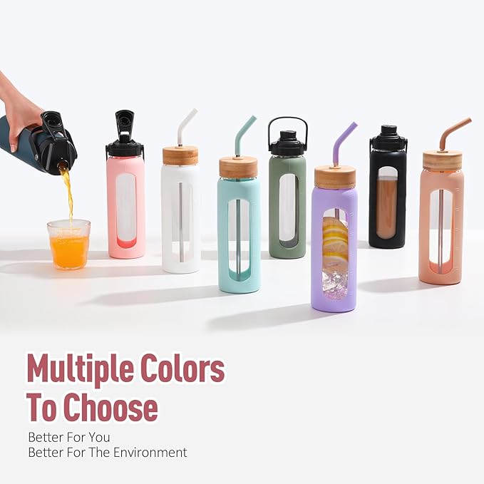 Kodrine Water Bottle with Straw, 24 oz Glass water Bottle with 2 Lids Bamboo Straw Lid and Spout Lid with Handle, 32 oz Clear Water Bottle Glass for Sports Travel, Waterbottle with Time Marker-FlexoryFit