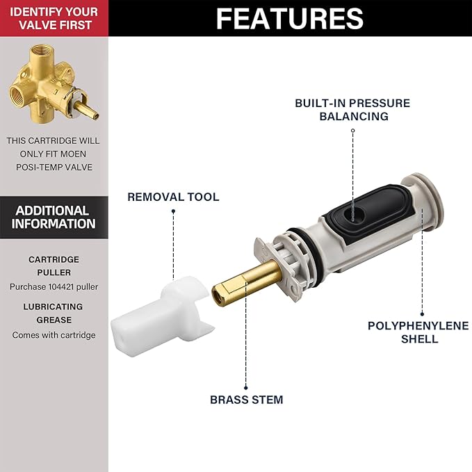 1222 Replacement Cartridge Kit for Moen One-Handle PosiTemp Faucets, Replacement Compatible with Moen Tub Shower,Metals & Plastics