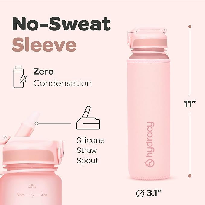 Hydracy Water Bottle with Time Marker -Large BPA Free Water Bottle & No Sweat Sleeve -Leak Proof Gym Bottle with Fruit Infuser Strainer & Times to Drink -Ideal for Fitness Sports & Outdoors
