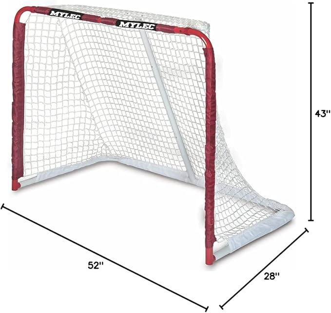 Mylec Steel Junior Hockey Goal for Indoor + Outdoor (52” x 43”), Easy Assembly, Lightweight, Portable, and Net Weave System (Red, 17 Pounds)