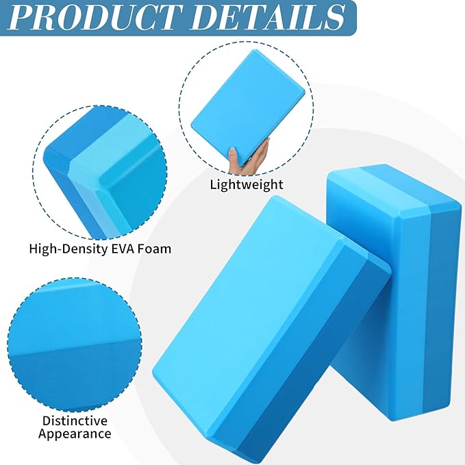 Liliful 10 Pcs Yoga Blocks Bulk Eva Foam Exercise Yoga Brick Soft Non Slip Surface Foam Blocks High Density Yoga Accessories for Workout Stability Balance Deepen Stretches Pilates 9''x6''x3''(Blue)-FlexoryFit