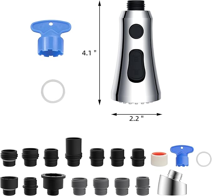 Hibbent Pull Down Kitchen Faucet Head Replacement, 3-Function NSF/ANSI/CAN 61 & CUPC Certified Sink Spray Nozzle, 15 Adapters, Compatible with Moen, Delta, Kohler Faucets, Chrome (Shiny Silver)