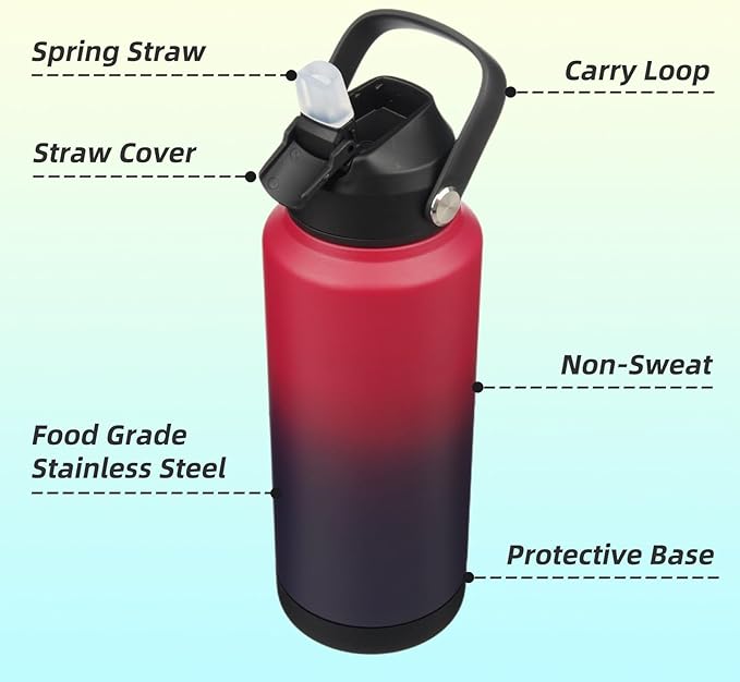 Insulated Water Bottle with Straw Lid,32 oz Stainless Steel Vacuum Metal Bottle with Silicone Handle,Rosy Red-FlexoryFit