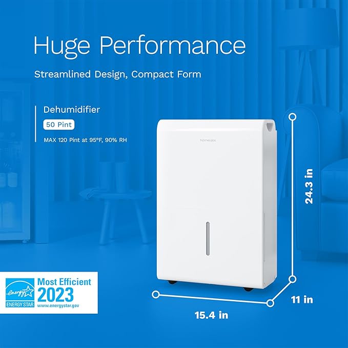 hOmeLabs 50 Pint Wi-Fi Dehumidifier for up to 7,000 Sq Ft Rooms (MAX 120 Pint at 95°F, 90% RH) – Powerful Humidity Control for Large Rooms and Basements