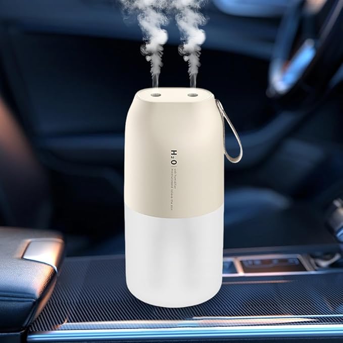 Dual Nozzle Portable Humidifier 300ml with Dual Spray Modes and Night Light for Bedroom and Car