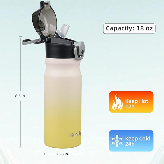 Insulated Water Bottle with Straw and Carry Loop,18 oz Stainless Steel Double Wall Vaccum Metal Water Flask with Leak-proof Lid,Lemon-FlexoryFit