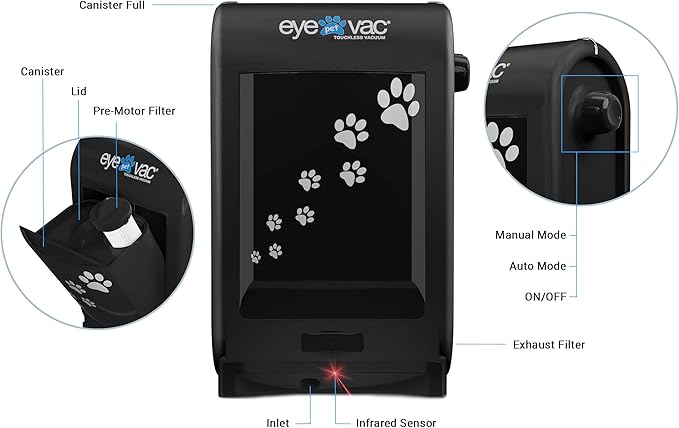 EyeVac Pet Touchless Vacuum Automatic Dustpan - Ultra Fast & Powerful - Great for Sweeping Cat Dog Pet Hair Food Dirt Kitchen, Corded Canister Vacuum, Bagless, Automatic Sensors, 1400 Watt (Black)