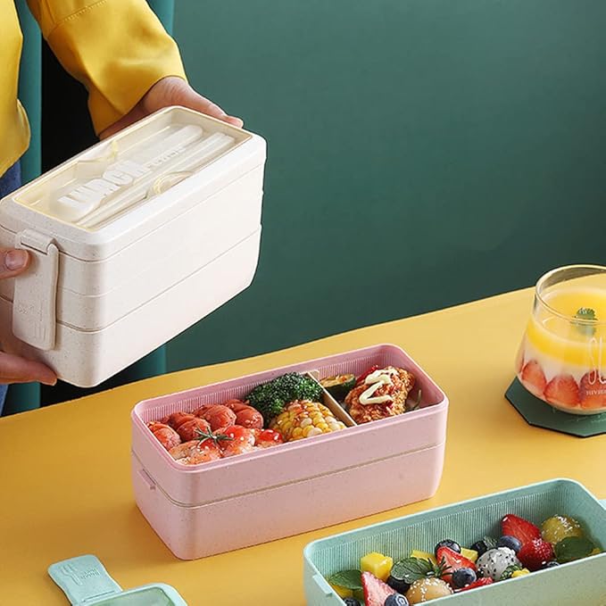 Iteryn Bento Box Lunch Box, 3-In-1 Compartment Containers - Wheat Straw, Leakproof Stackable Bento Lunch Box Meal Prep-FlexoryFit