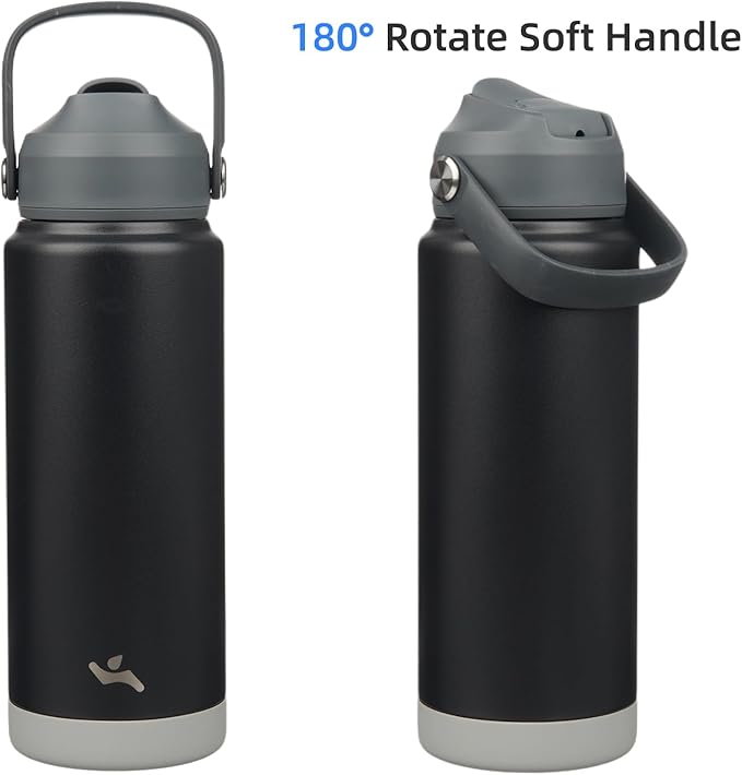 Insulated Water Bottle with Straw Lid,24 oz Stainless Steel Vacuum Metal Bottle with Silicone Handle,Black-FlexoryFit