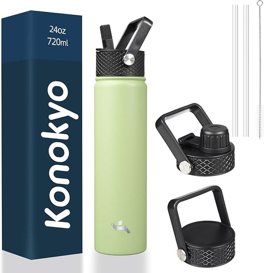 Insulated Water Bottle 24oz Stainless Steel Sport Bottles with 3 Lids,Macaron Green-FlexoryFit