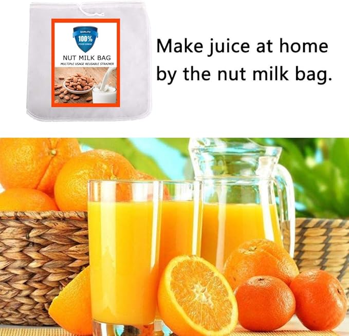 Nut Milk Bag, Pro Quality Multiple Usage Reusable Food Strainer, Cold Brew Coffee Bag Cheese Cloth, Ultra Fine Nylon Mesh Food Grade for Almond/Soy Milk, Juice, Coffee, Tea, 12"x12"