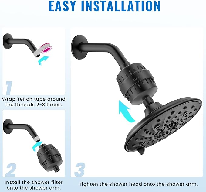 Ryamen Heavy Duty Shower Filter, Shower Water Filter, 99% REMOVAL Shower Head Filter for Hard Water, Heavy Metals, Chlorine (1 Cartridge, Black)