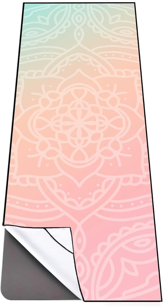 QiyI Yoga Mat Towel with Corner Pockets, Non Slip Sweat Absorbent Hot Yoga Towels, Soft Yoga Blankets with Travel Bag, Skidless Mat Cover for Workout, Gym, Fitness - 70"x26", Dreamy Pink Mandala-FlexoryFit