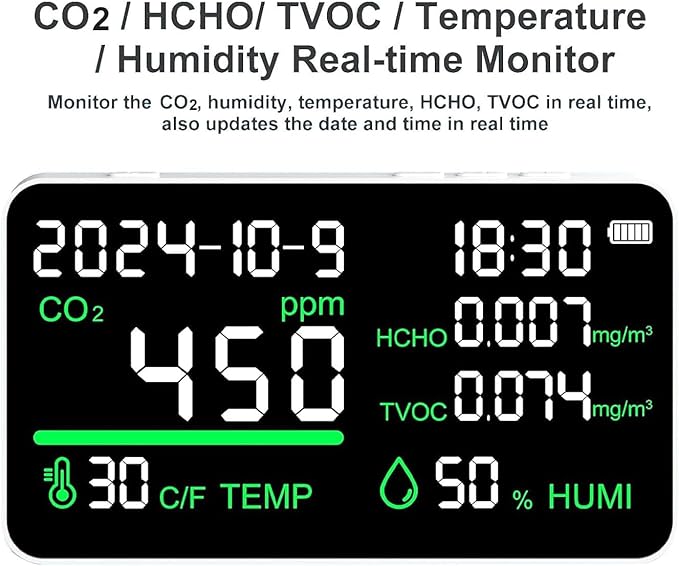7-In-1 Indoor Air Quality Monitor Rechargeable Home CO2 Monitor,Temp, CO2, TVOC, HCHO,RH,Time, Date, LED Air Quality Tester Carbon Dioxide Detector For Office Hotel Real Time Desktop Air Quality Meter