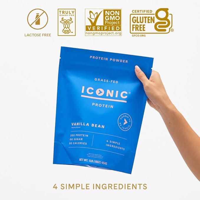ICONIC Protein Powder, Vanilla Bean - Sugar Free, Low Carb Protein Powder - Lactose Free, Gluten Free, Non-GMO - 20g Grass Fed Whey & Casein Protein - Keto Friendly, 1 lb Pouch (18 Servings)-FlexoryFit