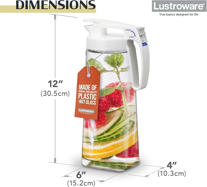 Lustroware QuickServe Airtight Pitcher - 2.1L (70oz), Heat Resistant, BPA-Free SAN Plastic, One Touch Open & Close, Space-Saving, Made in Japan - White
