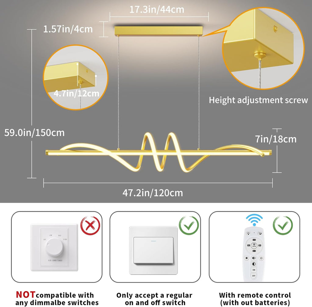 Modern LED Pendant Lights, 39in Gold Chandelier Dimmable with Remote Control 3000k-6000K Adjustable Color Temperature, Aluminum Island Lighting Lamp Fixture for Kitchen, Dining Room