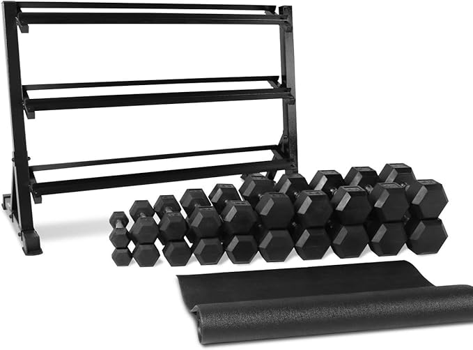 WF Athletic Supply Rubber Coated Hex Dumbbell Set, Multiple Choices Available - Dumbbells with Rack Stand and Mat, or Dumbbells Only (200/550/1200/2100/3000 LB)-FlexoryFit