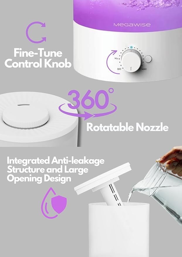 MEGAWISE Sleek 2L Humdifier for Bedroom, Baby,Plant, 24dB Cool Mist Ultrasonic humidifiers, Colorful Night Light, Top-Refill 1 Gal Essential Oil Diffuser, Auto Shut Off