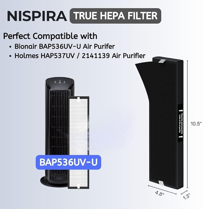 Nispira 182550 Filter Replacement Compatible with Bionaire BAP536UV-U Holmes HAP537UV / 2141139 Air Purifier (HEPA + Carbon), 2 Sets