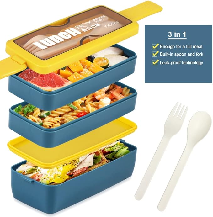 Iteryn Bento Box Lunch Box, 3-In-1 Compartment Containers - Wheat Straw, Leakproof Eco-Friendly Stackable Bento Lunch Box Meal Prep-FlexoryFit
