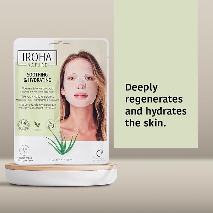 IROHA NATURE Comforting & Hydrating Tissue Face Mask with Aloe Vera | 15 Pieces | Aftersun Effect | 96% Natural Ingredients-FlexoryFit
