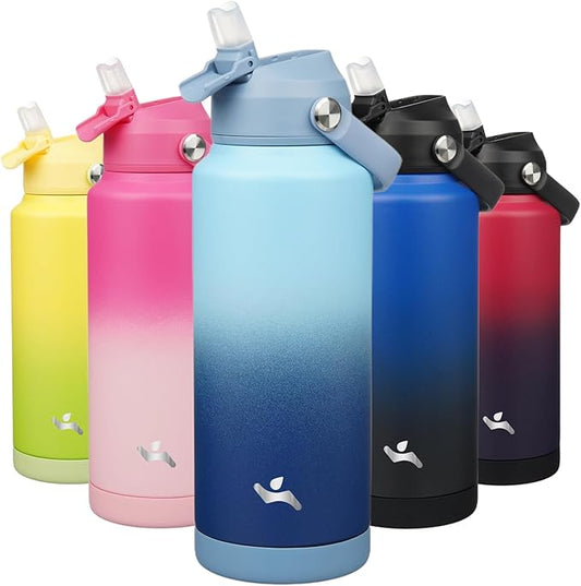 Insulated Water Bottle with Straw Lid,32 oz Stainless Steel Vacuum Metal Bottle with Silicone Handle, Sky-FlexoryFit
