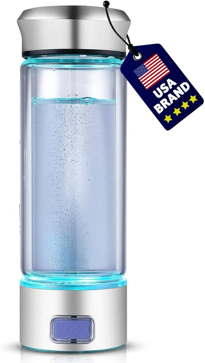 LevelUpWay - Hydrogen Water Bottle Up to 4000PPB SPE PEM Technology Water Ionizer (Borosilicate Glass, Silver)