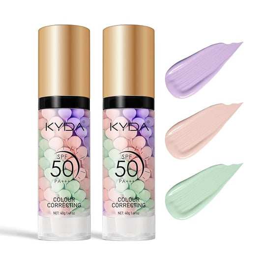 KYDA 2PCS Color Correcting Primer,SPF Makeup 50 PA+++,Color Correcting Serum, Moisturizing Makeup Primer, One Step Brightening Primer to Even Skin Tone, Oil Control Skin Corrector,Purple Pink Green-FlexoryFit