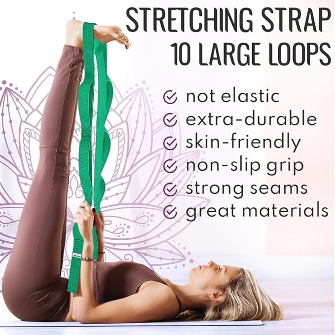 TECEUM Stretching Strap for Yoga & Physical Therapy – 10 Loops – Non-Elastic Leg Stretch Straps for Stretching, Exercising, Pilates, Post-Injury Rehabilitation for All Levels – Men & Women-FlexoryFit