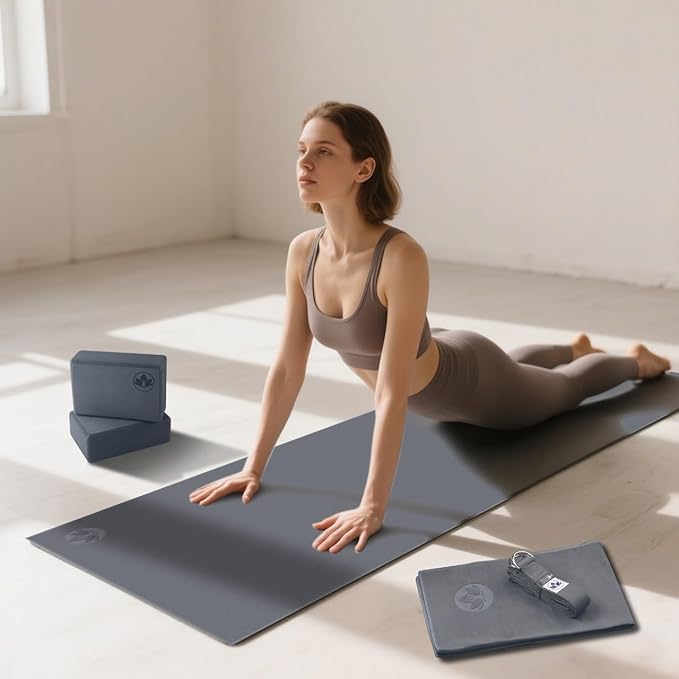 Clever Yoga - 7 Piece Yoga Kit for Women & Men, 6mm Cushioned Mat, 2 Blocks, Strap, Mat and Hand Towels & Carrying Bag - Starter Yoga Set, Accessories & Equipment for Home Workout-FlexoryFit
