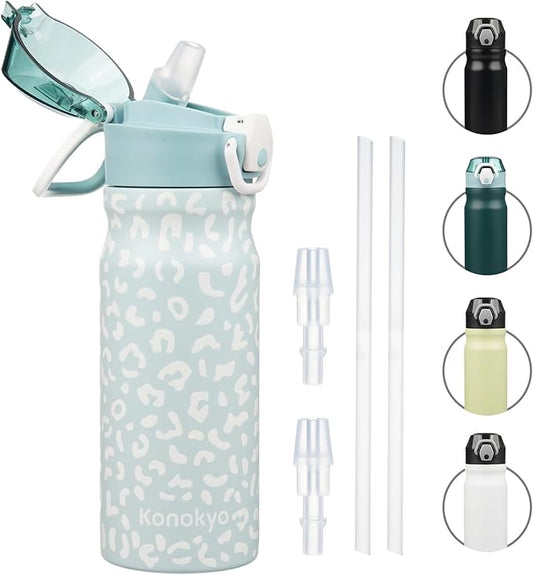 Insulated Water Bottle with Straw and Carry Loop,18 oz Stainless Steel Double Wall Vaccum Metal Water Flask with Leak-proof Lid,Light Blue Leopard-FlexoryFit