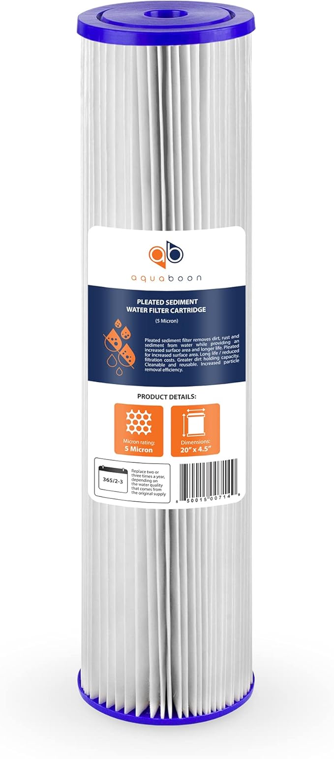 Aquaboon 20 Inch Whole House Pleated Water Sediment Filter Replacement 5 Micron Water Filter Cartridge Compatible with ECP5-20BB, SPC-45-2005, 2-Pack