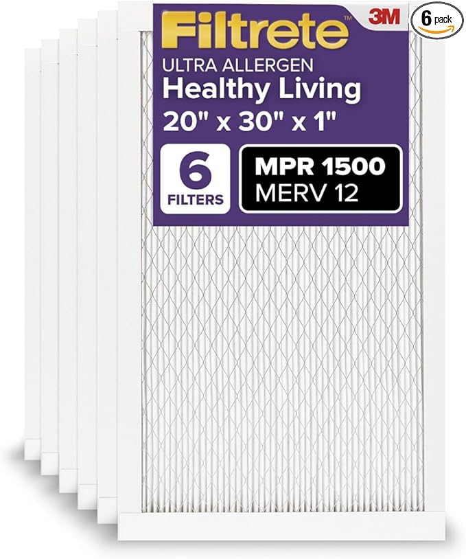 Filtrete 20x30x1 AC Furnace Air Filter, MERV 12, MPR 1500, CERTIFIED asthma & allergy friendly, 3 Month Pleated 1-Inch Electrostatic Air Cleaning Filter, 6-Pack (Actual Size 19.81x29.81x0.78 in)