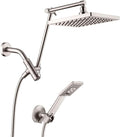 BRIGHT SHOWERS High Pressure Rain Shower Head Combo with Double Extension Arm, 8 Inch Rainfall Shower Head with Handheld Spray, Height Adjustable Dual Square Showerhead Set, Brushed Nickel