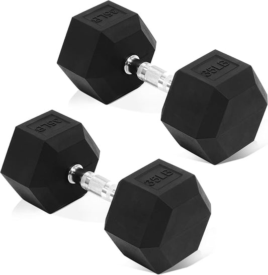 Rubber Encased Hex Dumbbell, Hand Weights with Anti-Slip Cast Iron Grip for Exercise & Fitness, Weights Dumbbells Set of 2 for Strength Training, 5-50 LBS Pair-FlexoryFit