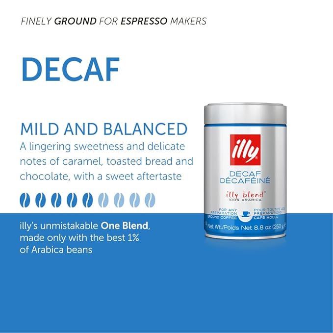 Illy Ground Espresso Coffee, Decaffeinated - Medium Roast - Mild & Balanced - 100% Arabica - Pressurized Packaging Sealed for Freshness - 8.8oz (Pack of 6)-FlexoryFit