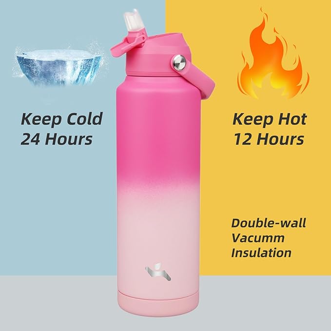 Insulated Water Bottle with Straw Lid,40 oz Stainless Steel Vacuum Metal Bottle with Silicone Handle,Cherry Blossom-FlexoryFit