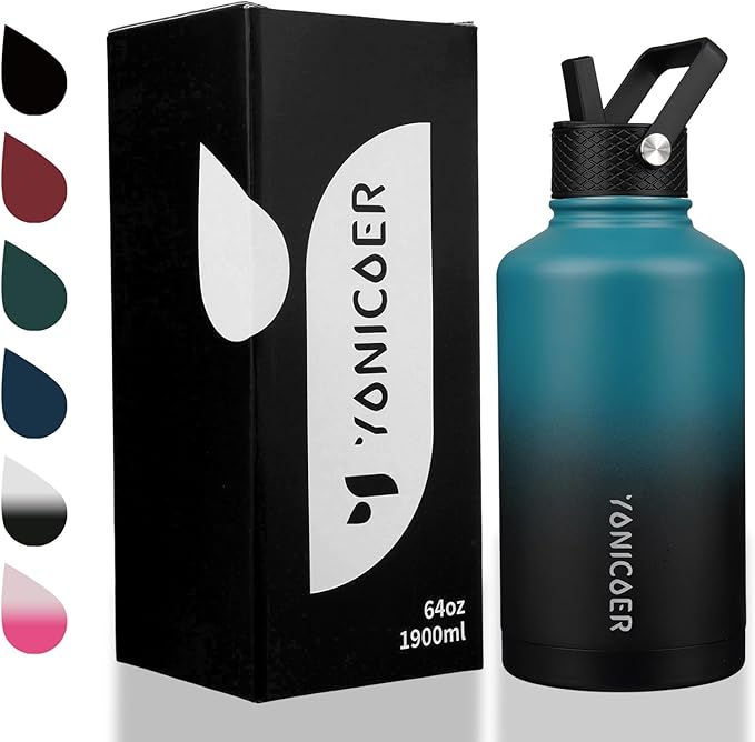 Insulated Water Bottle 64oz,Triple Wall Vacuum Stainless Steel(Dishwasher Safe),Leak Proof & Non-BPA,Flask Jug with Paracord Handle & Straw Spout Lids Sports-FlexoryFit