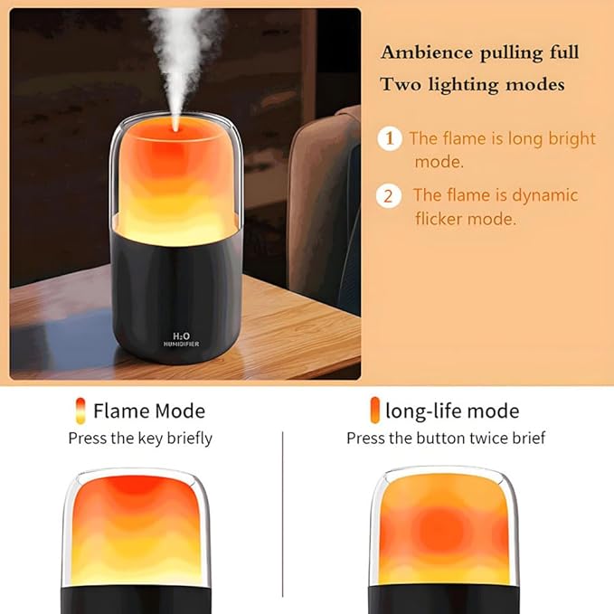 LED home spraying humidifier with high simulation flame atmosphere light，2.3W and 280ml water tank,dynamic state and static state flame (white housing)