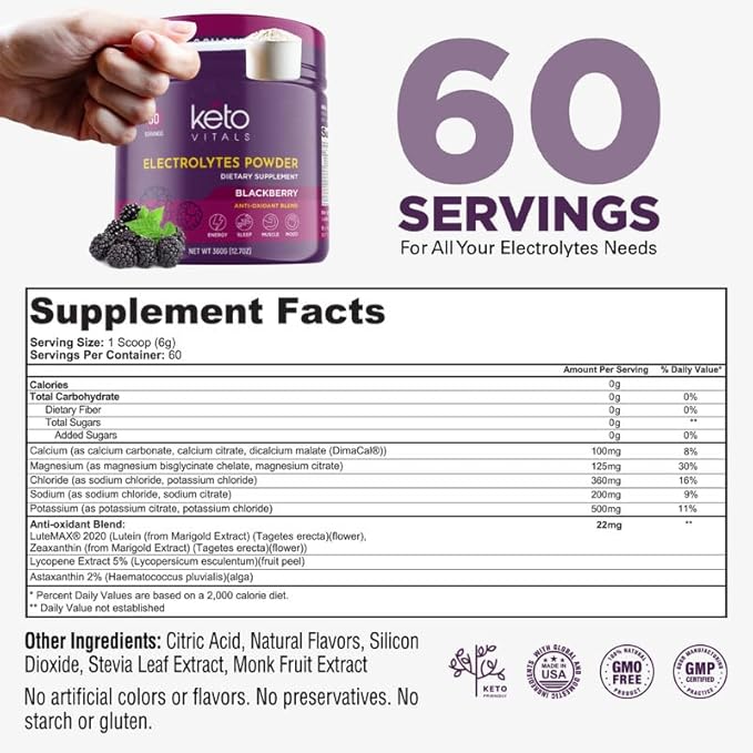 Keto Vitals Antioxidant Electrolytes Powder - Blend Keto Electrolytes with Potassium, Magnesium, Sodium, & Calcium - No Sugar Electrolyte Drink Mix & Hydration Powder, 60 Servings, BlackBerry-FlexoryFit
