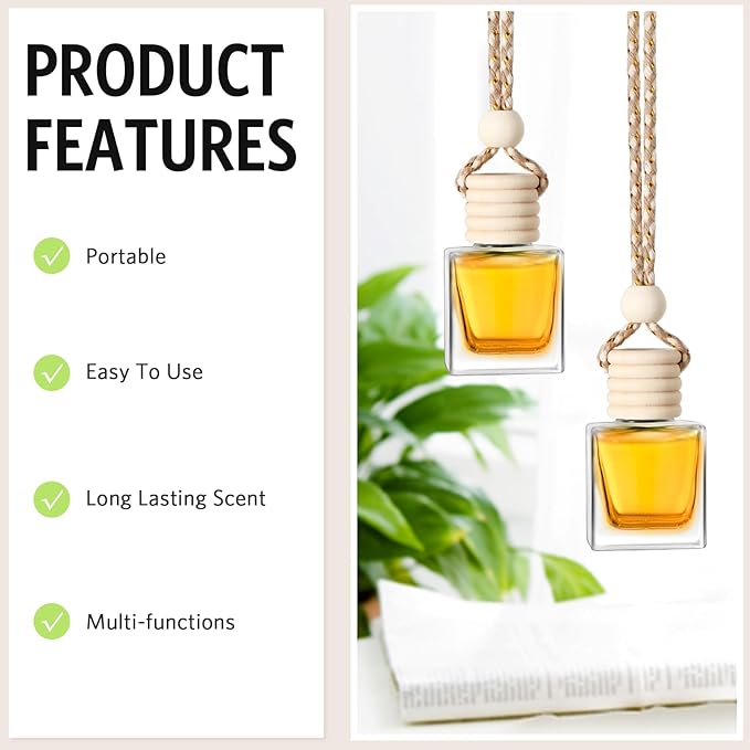 BBTO 100 Pcs Oil Air Freshener Diffuser with Wooden Cap Empty Essential Diffuser Aromatherapy Car Fresheners Car Fragrance Holder Aesthetic Decor Hanging Perfume Bottle (Clear,square Style)