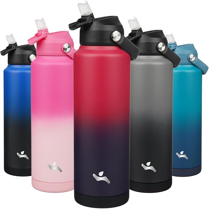 Insulated Water Bottle with Straw Lid,40 oz Stainless Steel Vacuum Metal Bottle with Silicone Handle,Rosy Red-FlexoryFit