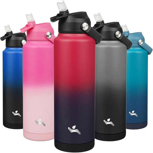 Insulated Water Bottle with Straw Lid,40 oz Stainless Steel Vacuum Metal Bottle with Silicone Handle,Rosy Red-FlexoryFit